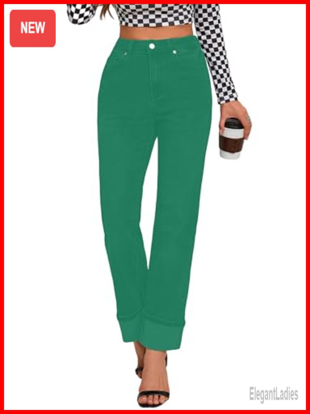 High Waisted Stretchy Straight Leg Jeans Tummy Control Cuffed Ankle